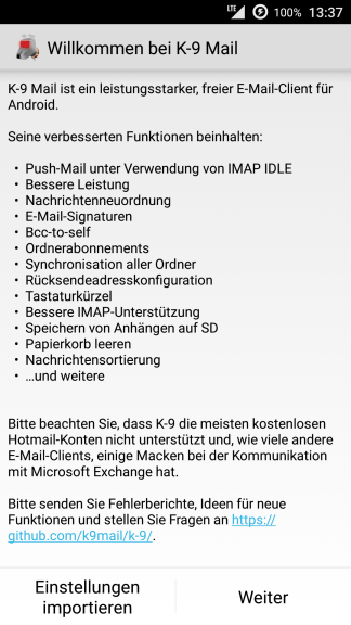 Android K-9 Mail Willkommen