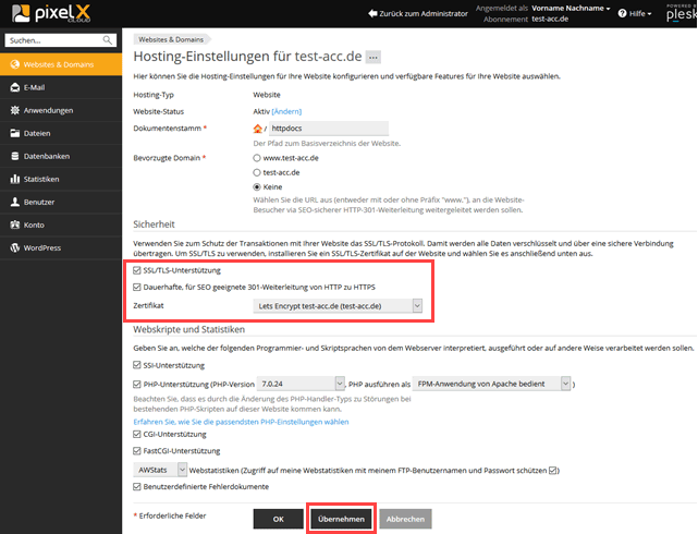 Plesk Onyx Hostingeinstellungen / Sicherheit SSL Zertifikat einstellen