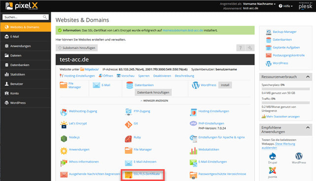 Plesk Onyx Übersicht SSL Zertifikat auswählen
