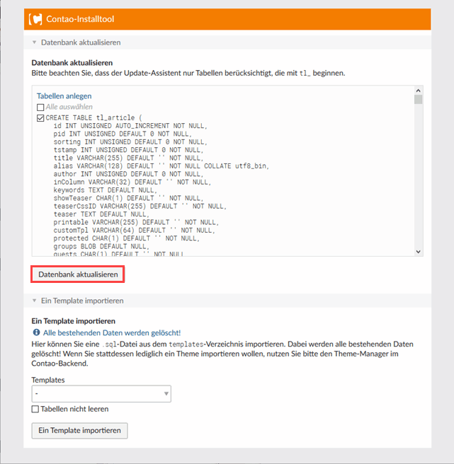 Contao Datenbank aktualisieren