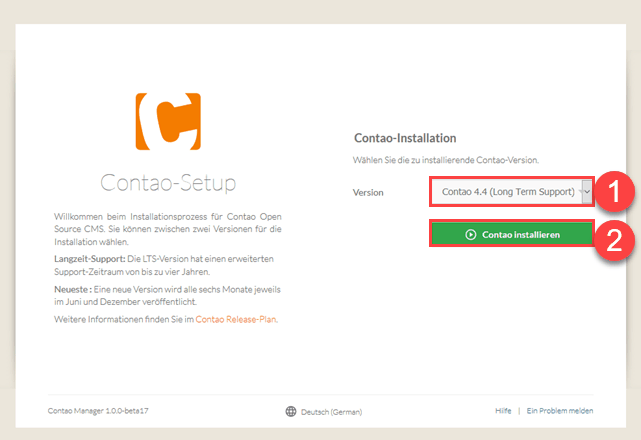 Contao Installation starten