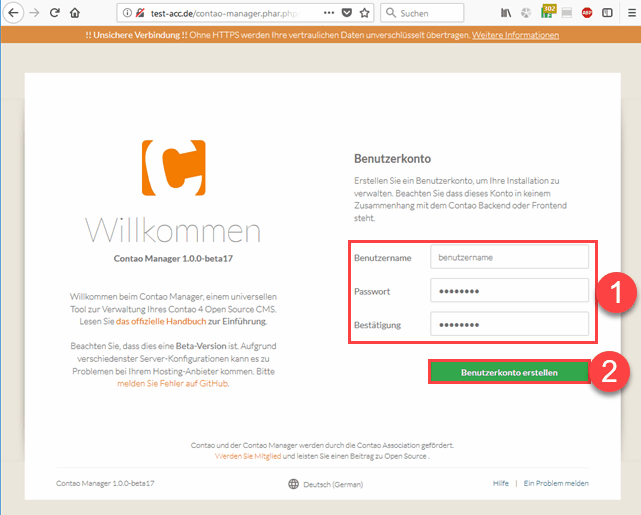 Contao Manager - Benutzerkonto anlegen