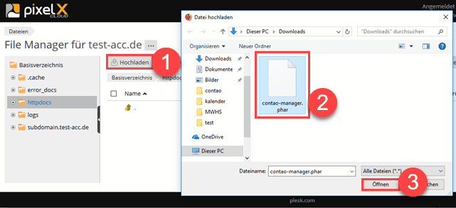 Plesk Filemanager - Datei hochladen
