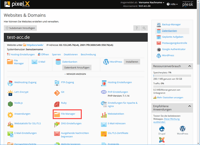 File Manager im Plesk ffnen