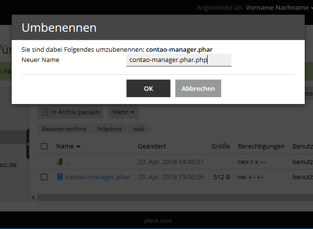 Plesk Filemanager - Datei umbenennen