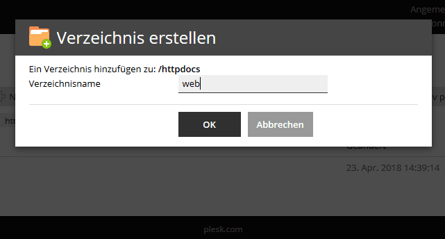 Plesk Filemanager - Verzeichnis erstellen und Ordnernamen eingeben