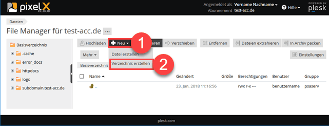 Plesk Filemanager - Neues Verzeichnis erstellen