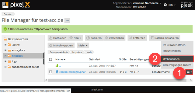 Plesk Filemanager - Datei umbenennen Men ffnen