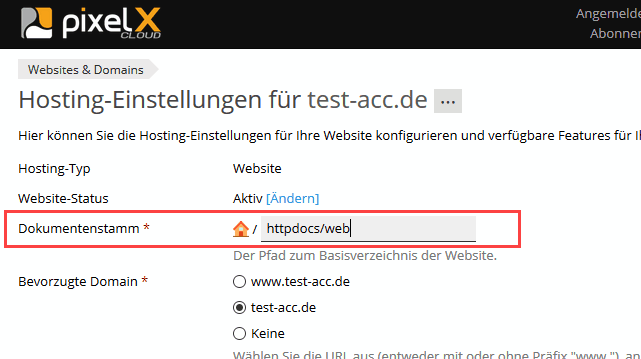 Plesk Hosting-Einstellungen Dokumentenstamm ndern