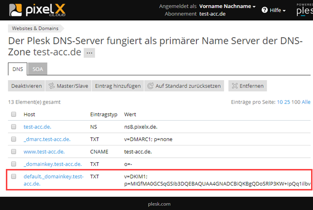 Plesk DNS-Record DKIM