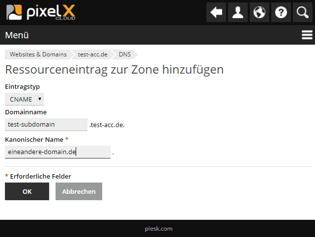 Plesk CNAME DNS-Record anlegen