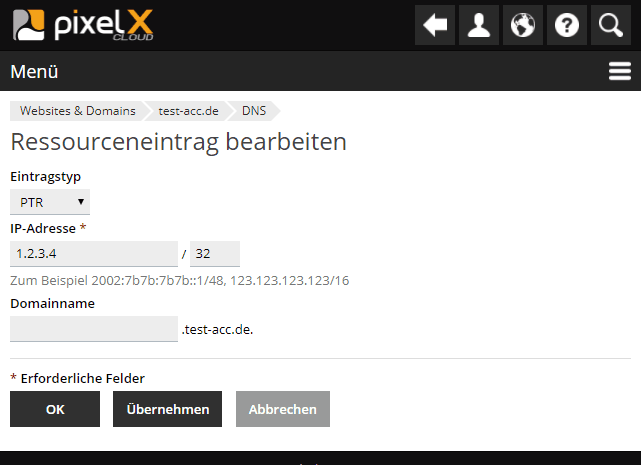 Plesk DNS-Record PTR Record