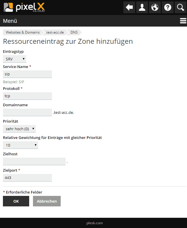 Plesk DNS-Record für SRV-Einträge