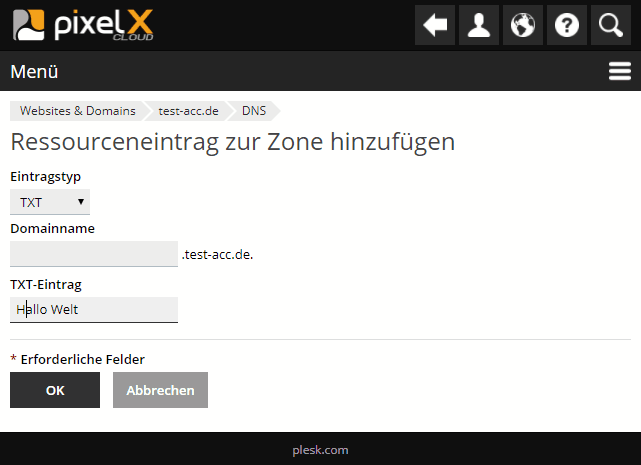 Plesk DNS-Record für TXT-Einträge