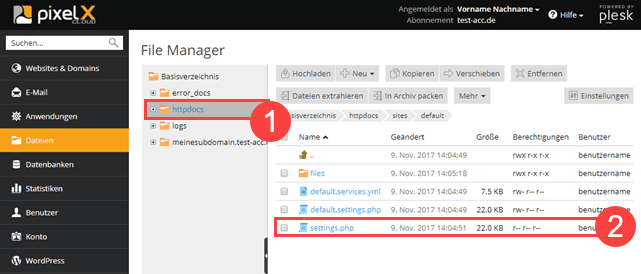 Plesk Onyx Dateiübersicht für Drupal