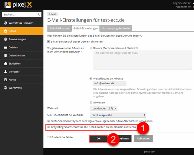 Plesk E-Mail Greylisting Einstellungen