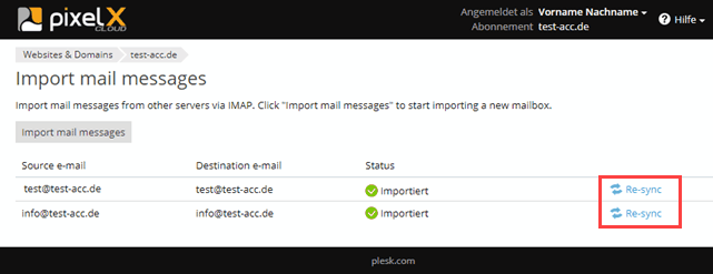 Plesk Mail-Import über IMAP: Postfach erneut synchronisieren
