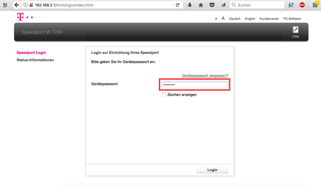 Telekom Router Speedport W 724V Login Weboberflöche