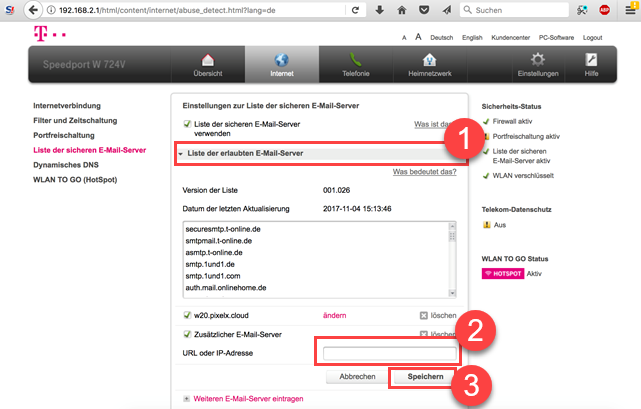 Telekom Router Speedport W 724V Liste der sicheren E-Mail-Server ergänzen