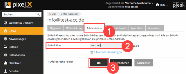 Plesk Onyx E-Mail Alias anlegen