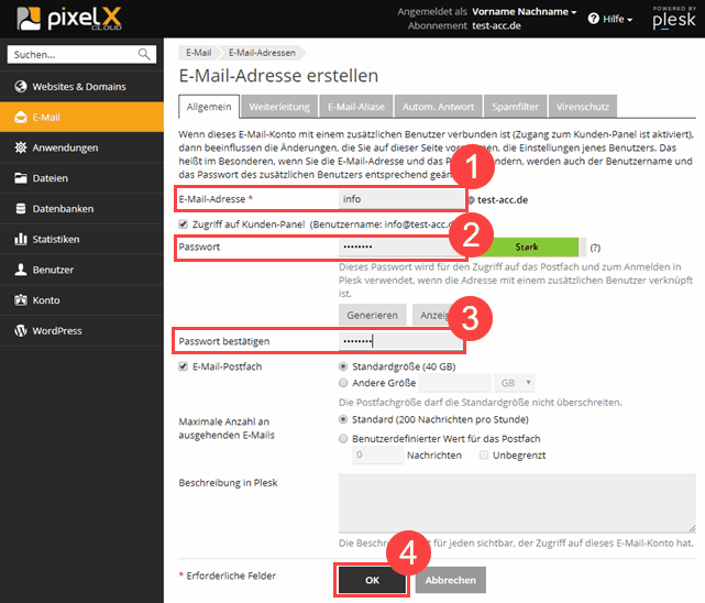 Plesk Onyx Neue E-Mail Adresse / Postfach anlegen