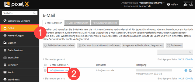 Plesk Onyx Übersicht der E-Mail Adressen