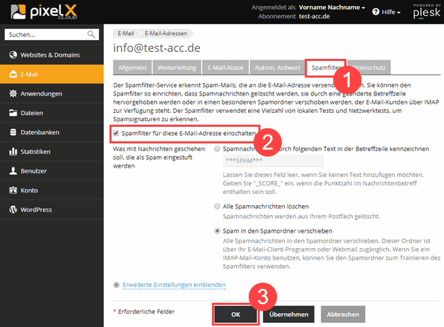 Plesk Onyx Spamfilter einrichten