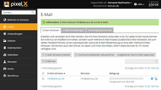 Plesk Onyx übersicht der angelegten E-Mail Adressen