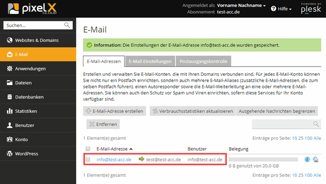 Plesk Onyx E-Mail Weiterleitung Übersicht