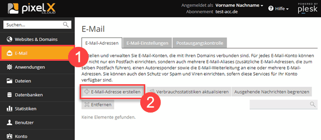 Plesk Onyx Übersicht der angelegten E-Mail Adressen