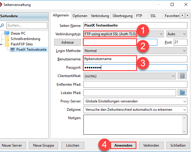 FlashFXP - Verbindungseinstellungen angeben