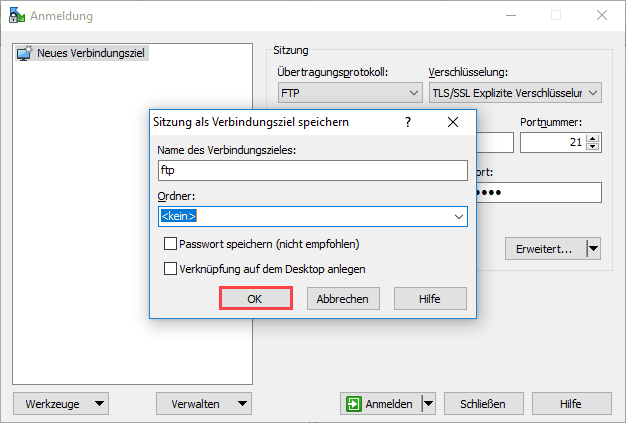 WinSCP - Verbindungseinstellungen abspeichern