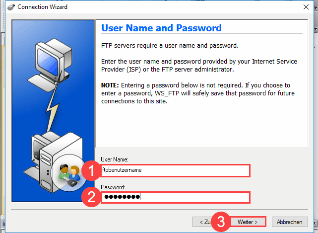 WS FTP Pro - Benutzer und Passwort eingeben