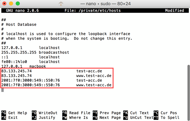 MacOS - Texteditor Nano und hosts Datei editieren