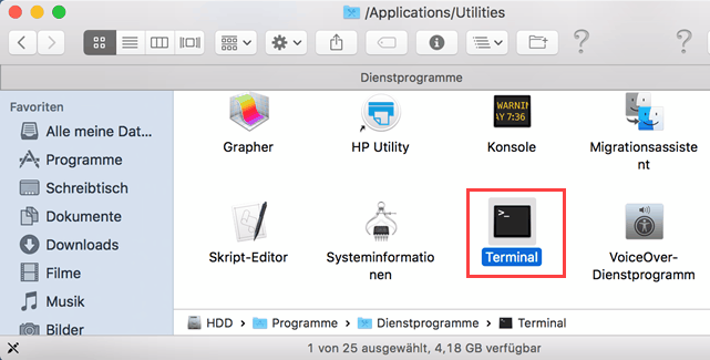 MacOS - Gehe zu und Dienstprogramm Terminal starten