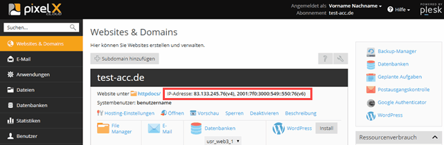 Plesk Onyx Übersicht mit IP Adresse