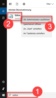 Editor unter Windows als Administrator öffnen