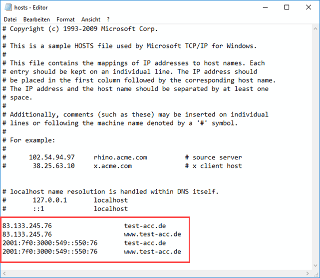 Windows Editor hosts Datei Beispiel