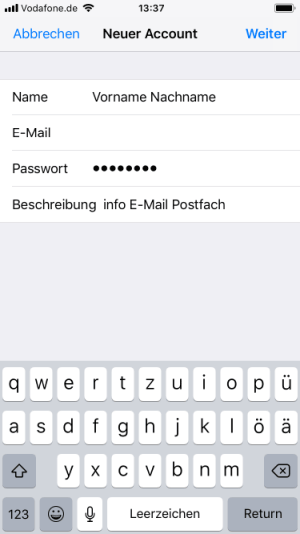 iPhone iOS 11 - Neuer Account mit ausgefülten Daten