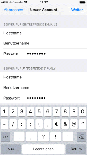 iPhone iOS 11 - Servereinstellungen Posteingangsserver / Postausgangsserver