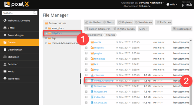 Plesk Onyx Dateiübersicht für Joomla