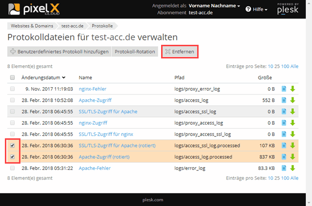 Plesk Logfiles löschen