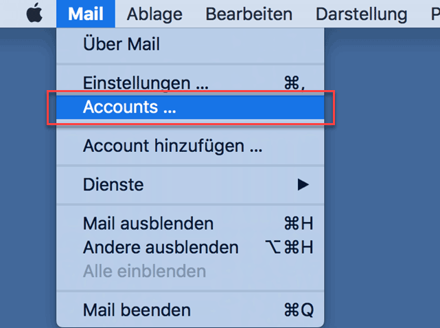 macOS Mail Menü Menü / Accounts