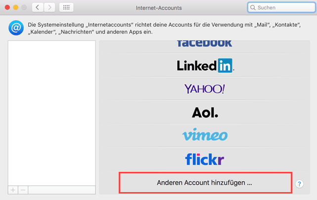macOS Mail anderen Accounttyp anlegen
