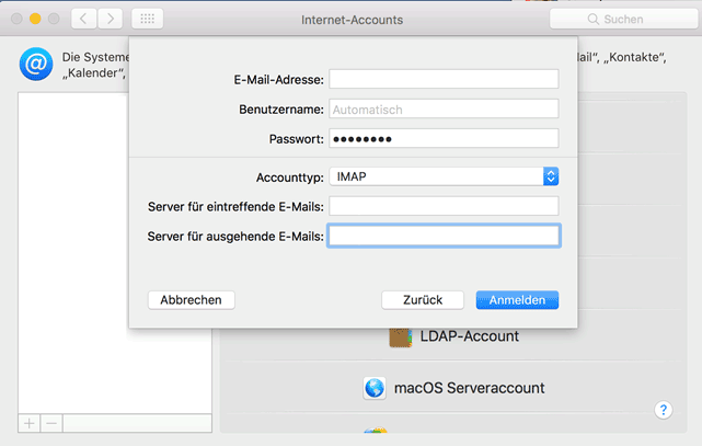 macOS Mail Mail Posteingangsserver und Postausgangsserver Einstellung