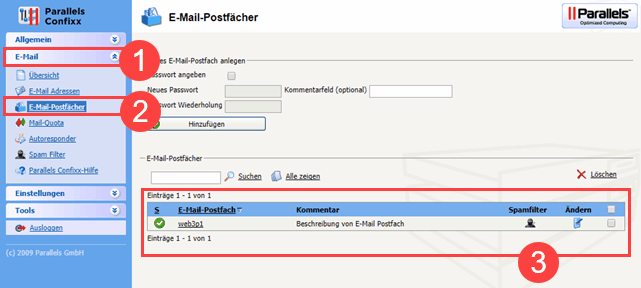 Parallels Confixx übersicht der angelegten E-Mail Postfächer