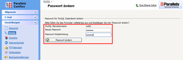 Parallels Confixx Zugangsdaten auf die Mysql Datenbank Passwort ändern