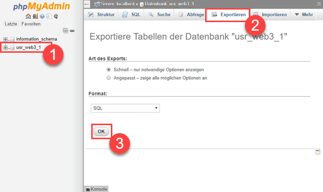 Parallels Confixx phpMyAdmin Datenbank exportieren