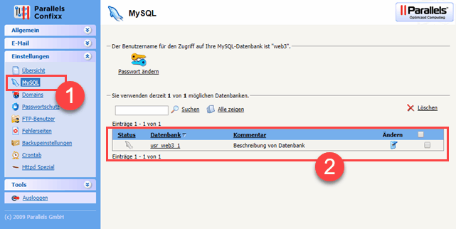 Parallels Confixx übersicht der angelegten Datenbanken