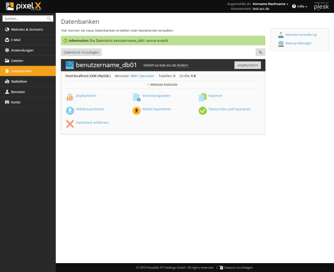 Plesk Datenbank erfolgreich erstellt